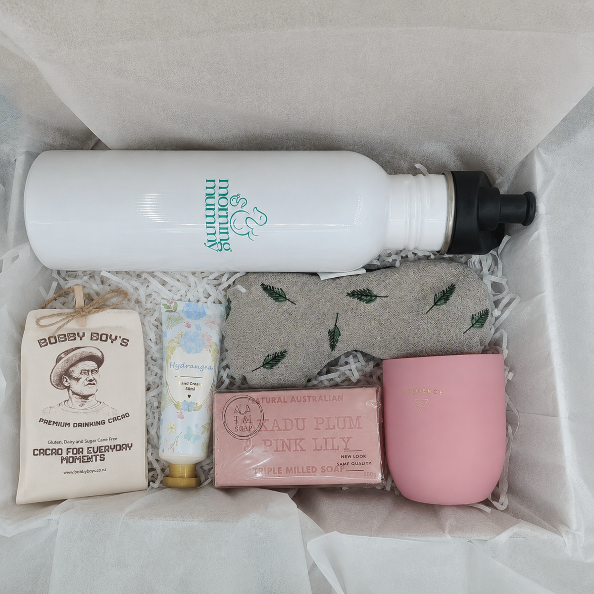 Just for Mum new mum gift box with drinking cacao, drink bottle and self care gifts