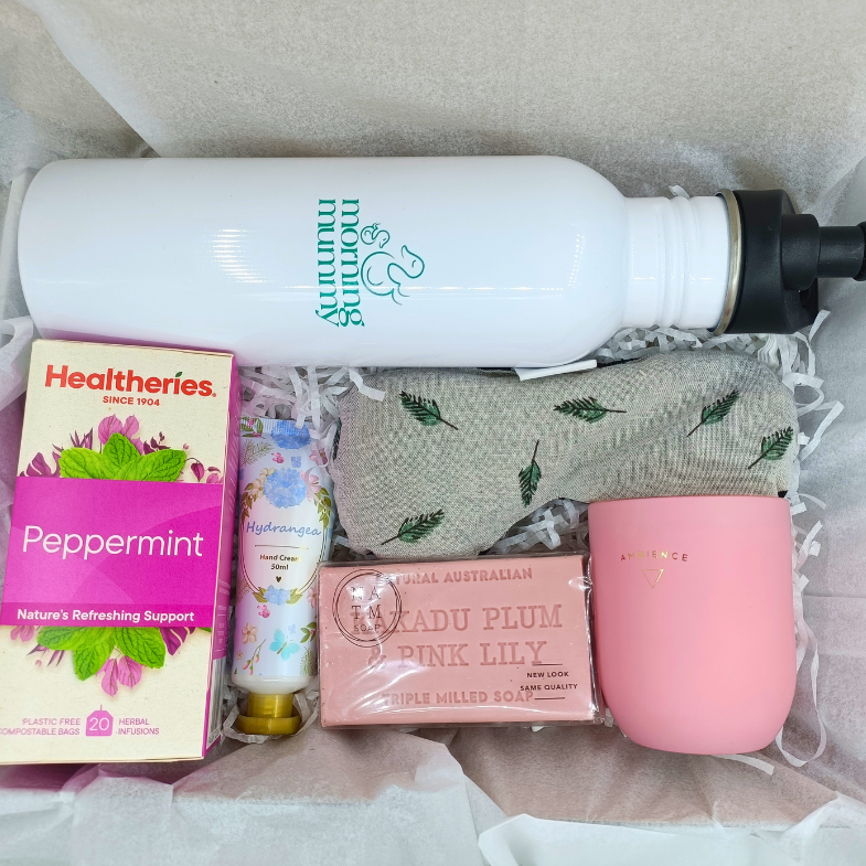 Just for Mum gift box with drink bottle, hand cream, soap, sleep mask and tea